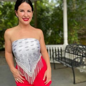 Silk Bandana with Crystal Fringe Scarf